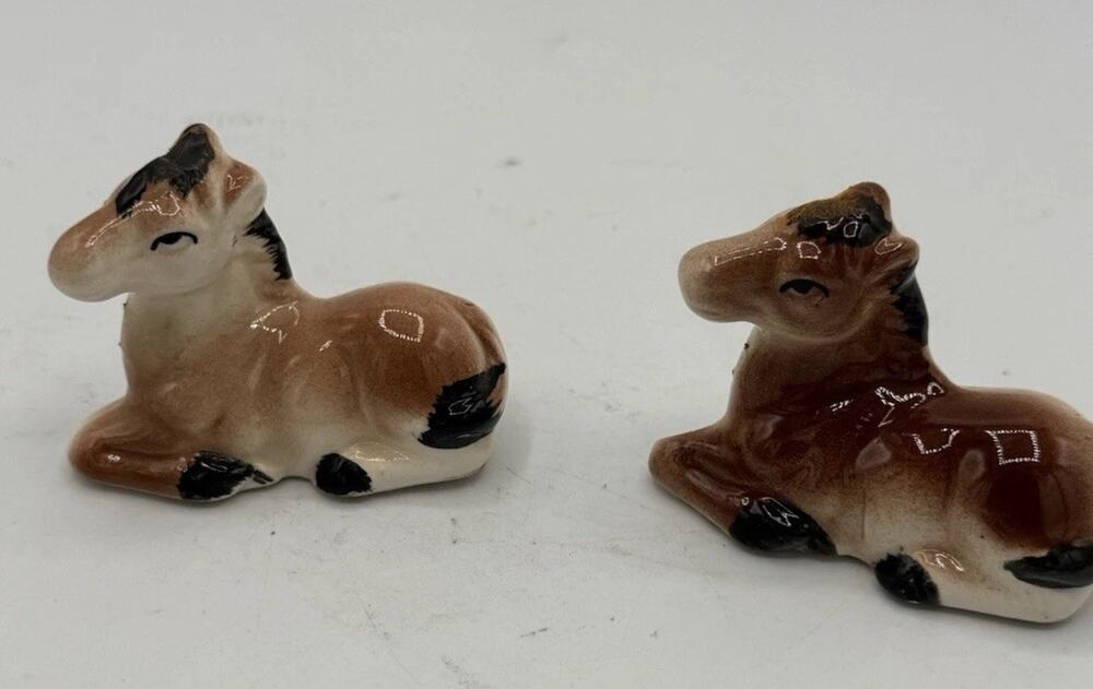 Vintage Japan Miniature Ceramic Foal Figurines Set of 2 Horse Pony Glazed